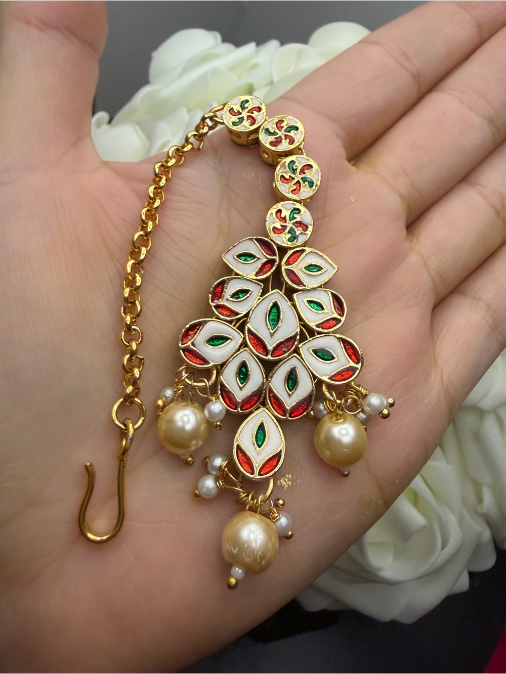 Gold-Tone Red & Green Kundan Drop for hair accessories with Pearls - Women